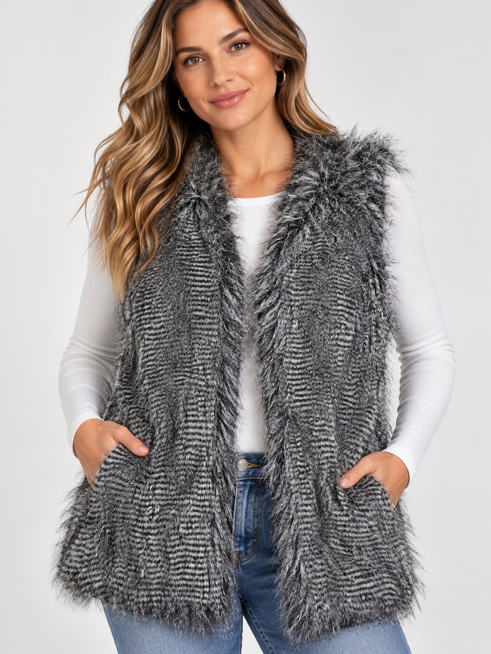 Design History Gray Faux Fur Open-Front Cardigan Vest